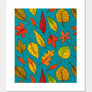 Autumn leaves on blue Posters and Art